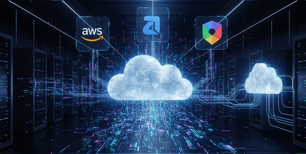 AI-generated image of interconnected cloud servers and data streams